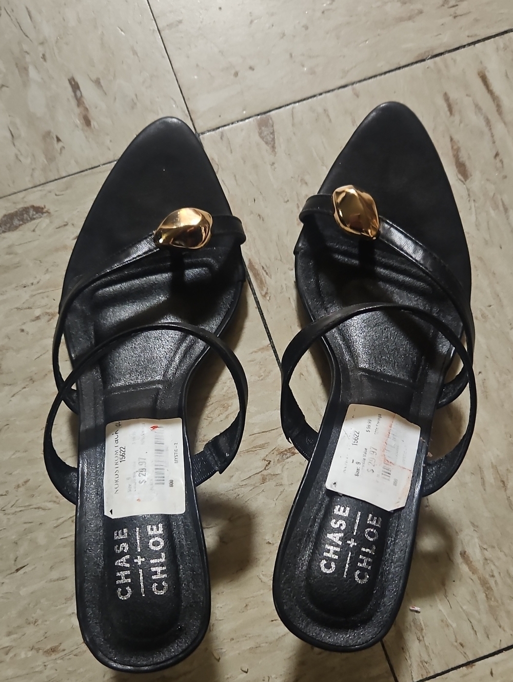 Chase + Chloe Black Pointed Toe Dress Sandals with Gold Accent